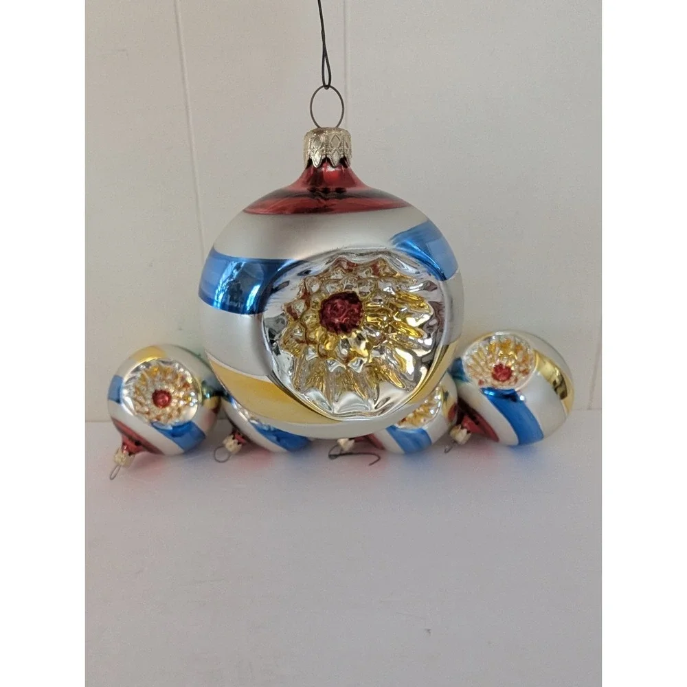 5 Mercury Glass Indent Reflector West Germany Ornaments Blue Green Gold Silver